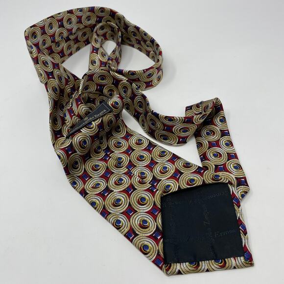 Ermenegildo Zegna Red Gold Circle Blue Square Pattern 58"x3.5" Silk Tie - Picture 6 of 6